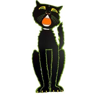 Vintage Beistle Hissing Black Cat Halloween Die Cut Decoration 23" X 9" USA
